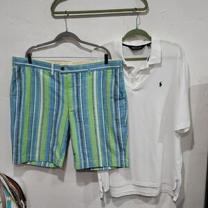 Loudmouth Golf Shorts In Green & Blue Stripe With Free Polo Golf Shirt In White